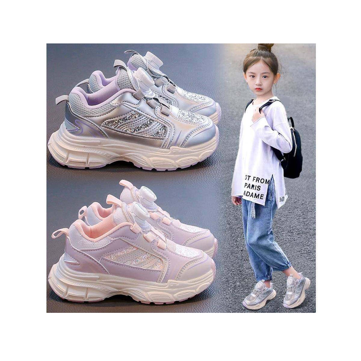 女童运动鞋2025秋季儿童旋转纽扣老爹鞋中大童皮面小白鞋女孩板鞋