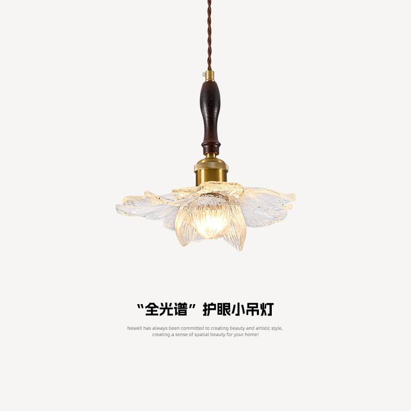 法式中古花瓣卧室床头吊灯实木吧台圆桌灯覆古莲韵金箔过道吊线灯
