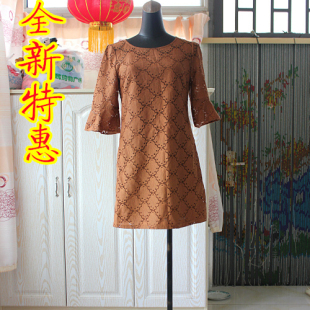 包邮海妮品牌女装样衣棕褐色短袖连衣裙打折清仓特价显瘦蕾丝裙