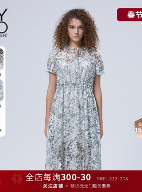 MYMO提花系带领短袖连衣裙朗黛专柜款25年夏新款收腰显瘦长裙066N