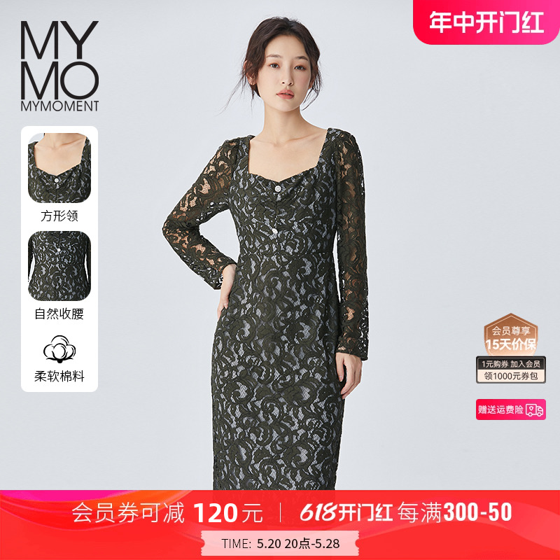 MYMO优雅重工蕾丝修身长袖连衣裙