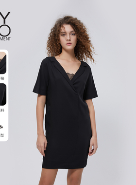MYMO简约蕾丝拼接V领黑色连衣裙朗黛专柜25年夏新款气质短裙260N
