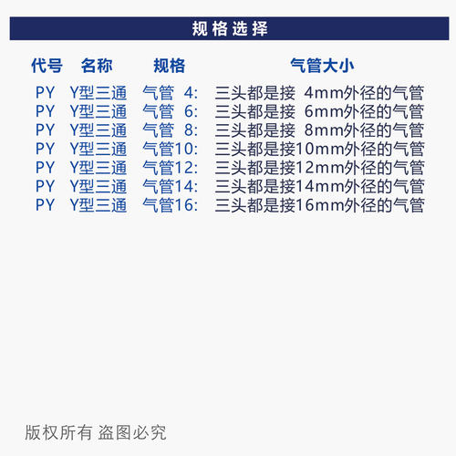 PY Y型三通气管三通Y型气动接头蓝黑色塑料快插快速接头468101216
