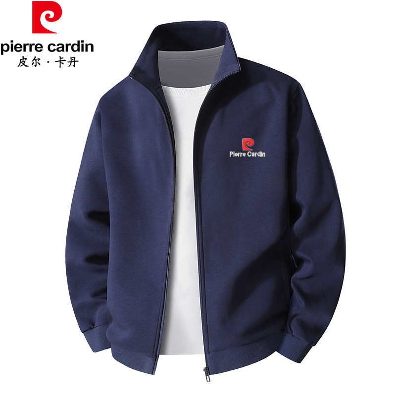 皮尔卡丹立领夹克男纯棉刺绣春秋休闲运动百搭拉链中老年舒适外套