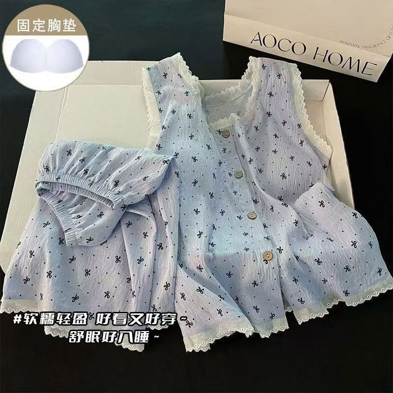 夏季新款睡衣女款带胸垫KT猫吊带短裤背心卡通甜美日系家居服套装
