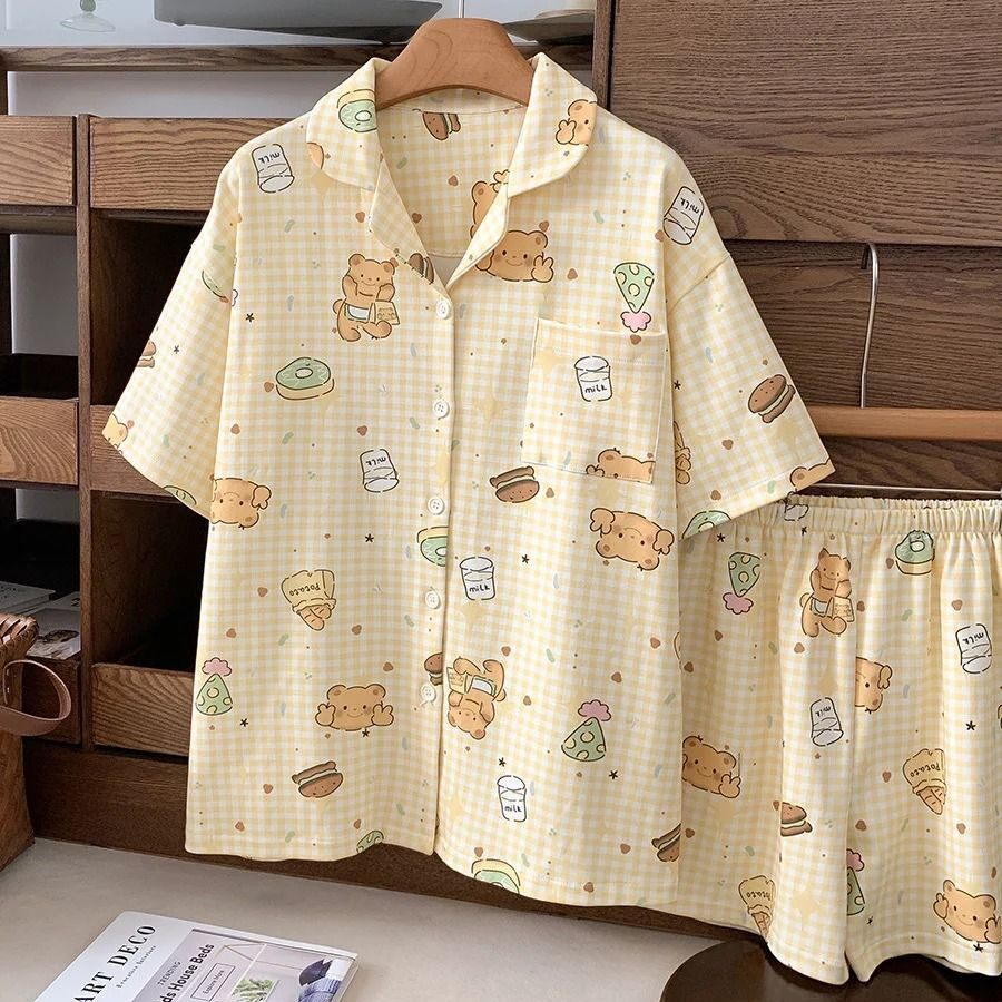 日系软萌黄格纹小熊睡衣女夏季短睡袍/浴袍