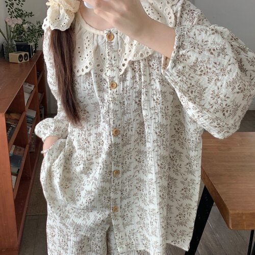 花边圆领睡衣女春秋新款春秋高颜值碎花开衫长袖家居服套装可外穿