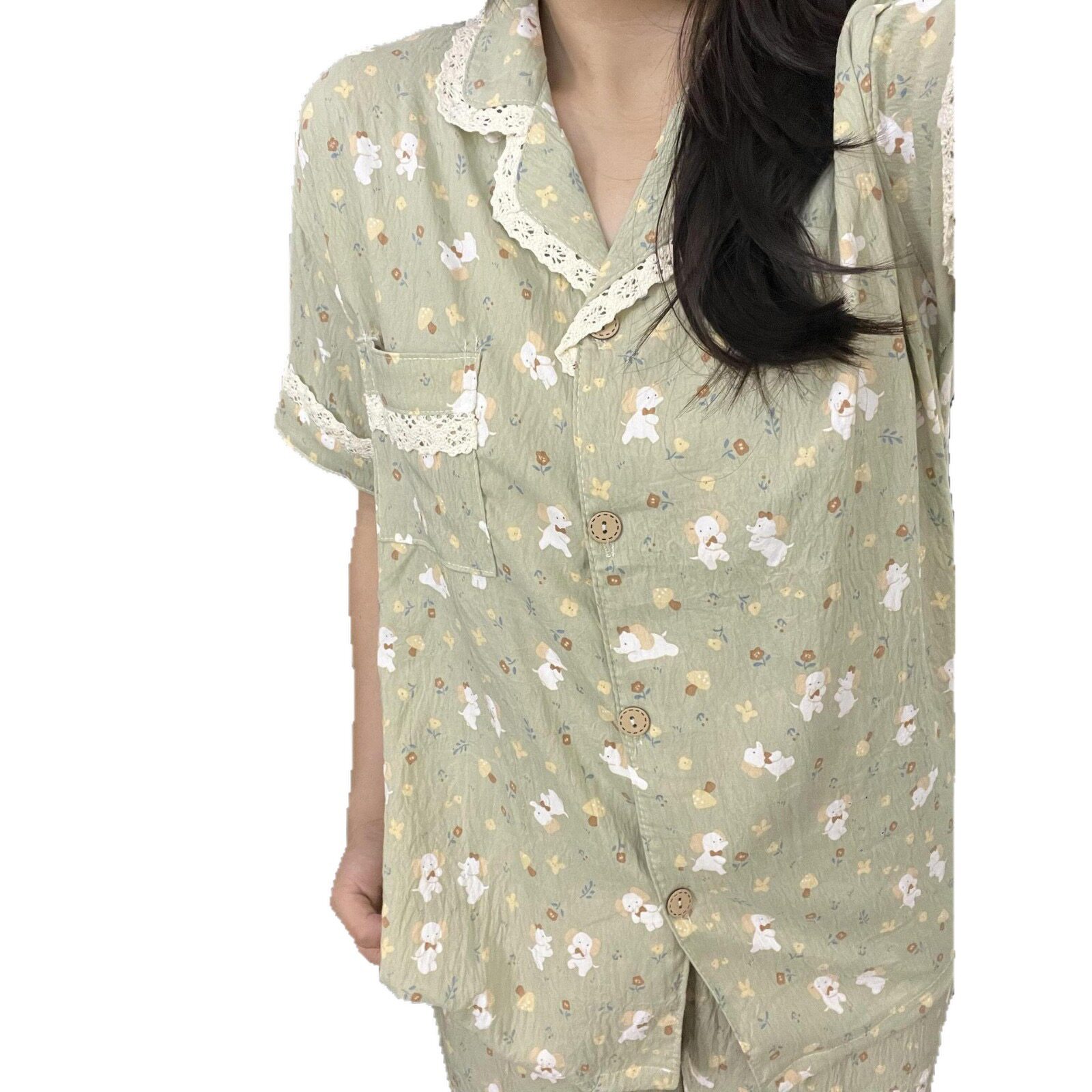 夏季新品日系少女ins风甜美花边翻领开衫纯棉棉纱睡衣短袖