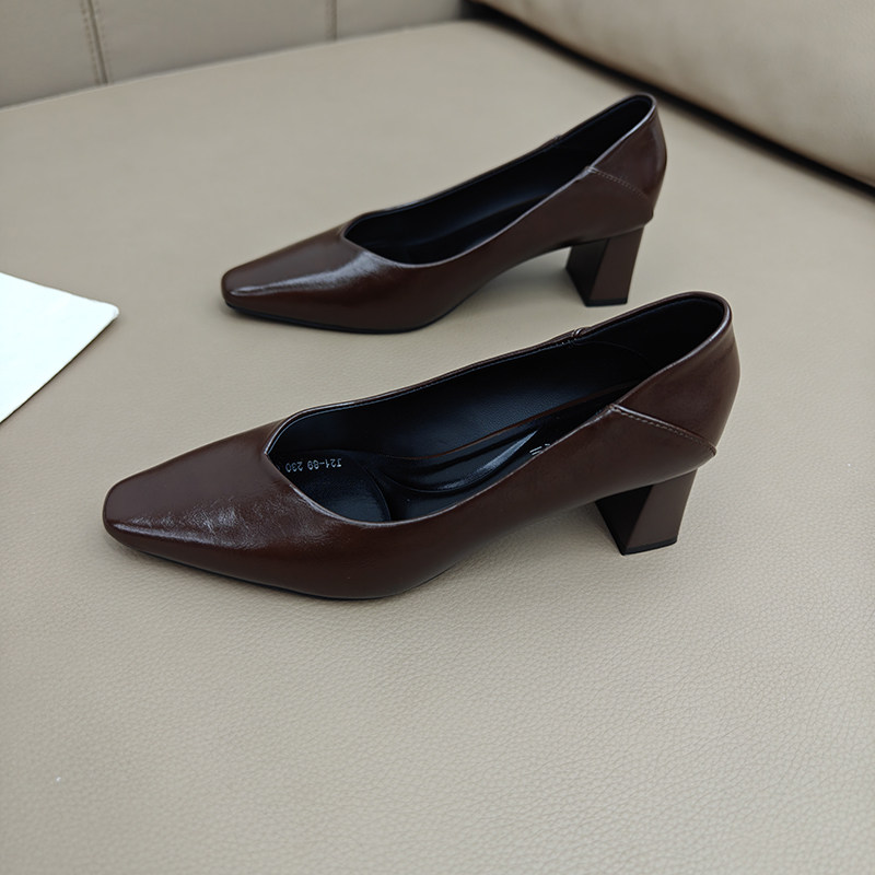 浅口舒适通勤简约工作粗跟单鞋女2025新款时尚黑色职业高跟鞋尖头