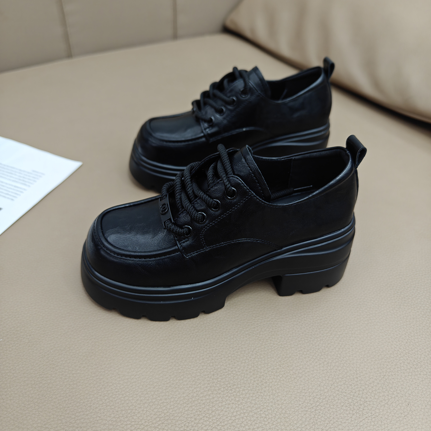 英伦风黑色小皮鞋厚底系带乐福鞋