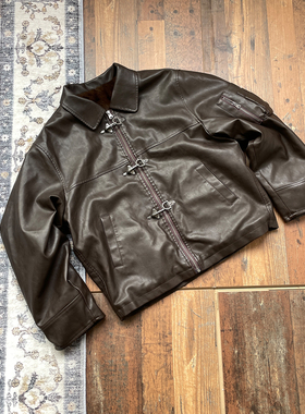 WHOA HA!复古短款皮衣男棕色翻领座山雕飞机扣拉链夹克外套痞帅