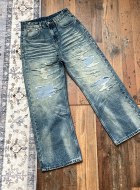 WHOA HA复古做旧破洞牛仔裤脏染工艺破坏new vintage割烂痞帅直筒