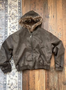 WHOA HA复古毛领连帽皮衣男加厚保暖做旧咖色夹克外套座山雕