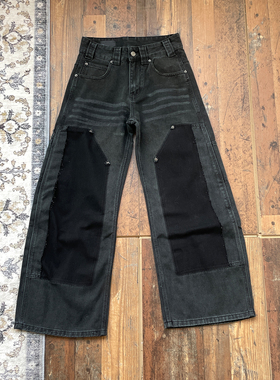 WHOA HA复古拼接破坏重工水洗弯刀牛仔裤男宽松阔腿长裤痞帅