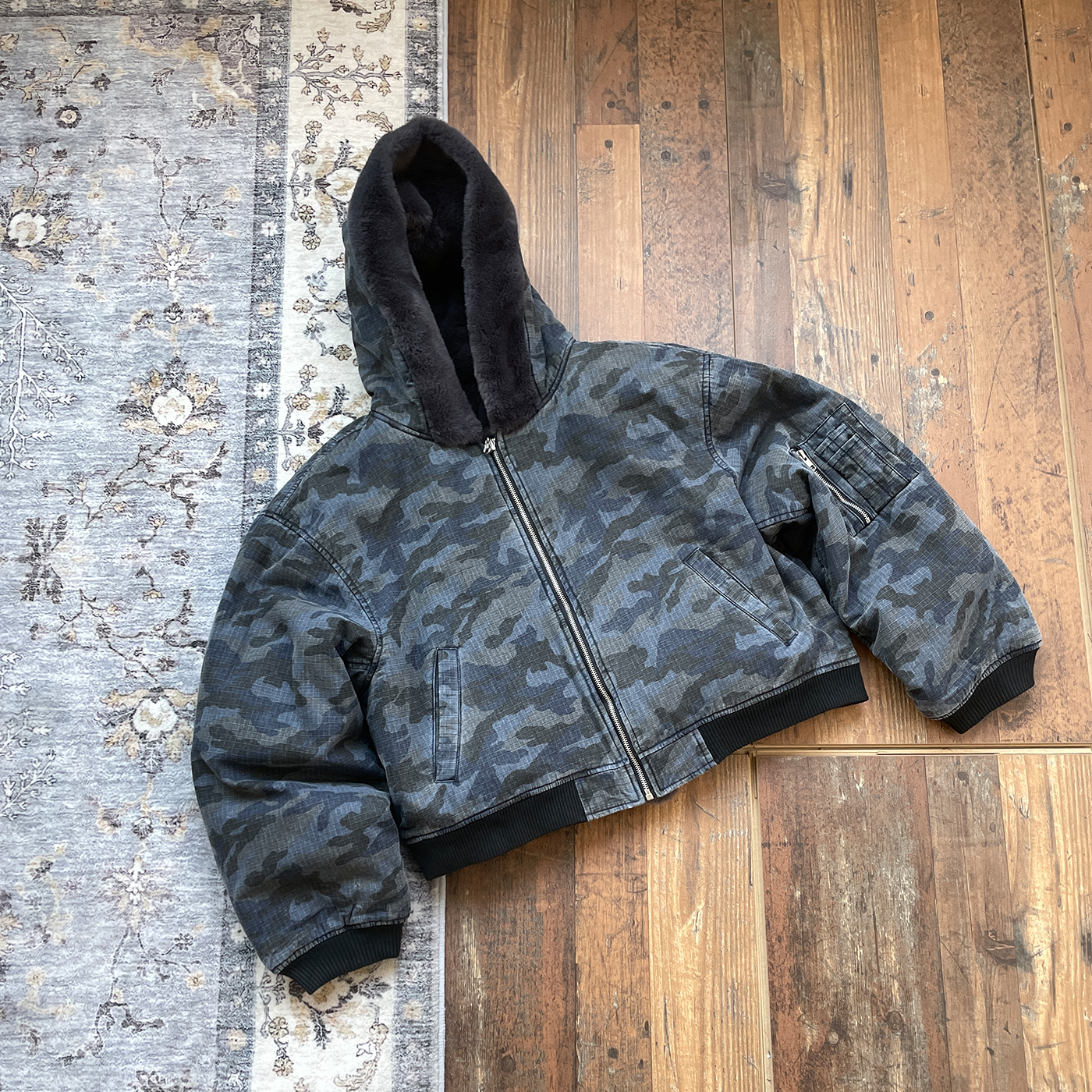 WHOA HA!复古迷彩风连帽飞行员夹克男重磅水洗bomber外套短款棉服