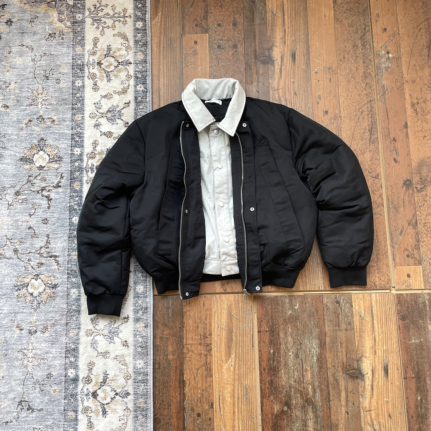 WHOA HA!复古翻领黑色拼接衬衫Bomber飞行夹克男短款90白鸭羽绒服
