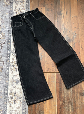 WHOA HA复古原牛弯刀明线斜盖牛仔裤宽松休闲长裤黑色