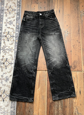 WHOA HA复古【闪电裂纹】水洗做旧猫须牛仔裤男直筒宽松阔腿长裤