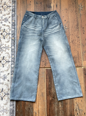 WHOA HA复古法工b11版伐木裤水洗做旧猫须压皱宽松直筒工装裤