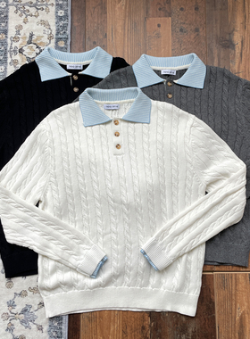 WHOA HA!假两件针织衫男miu系秋季新款复古拼接条纹翻领毛衣上衣