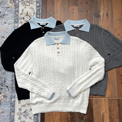 WHOA HA!假两件针织衫男miu系秋季新款复古拼接条纹翻领毛衣上衣