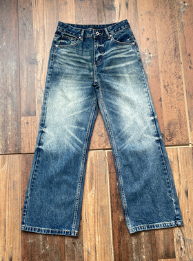 WHOA HA复古水洗猫须深蓝vintage牛仔裤男女宽松直筒长裤