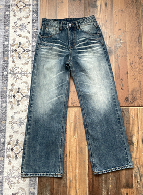 WHOA HA复古水洗大猫须深蓝泛白刺绣牛仔裤男女宽松直筒长裤