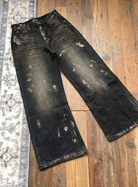 WHOA HA复古水洗做旧泼墨牛仔裤男女宽松阔腿长裤子