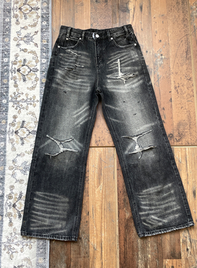 WHOA HA复古水洗猫须破洞直筒牛仔裤男女宽松长裤痞帅