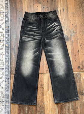 WHOA HA复古蜂窝水洗猫须牛仔裤男女宽松直筒阔腿长裤vintage