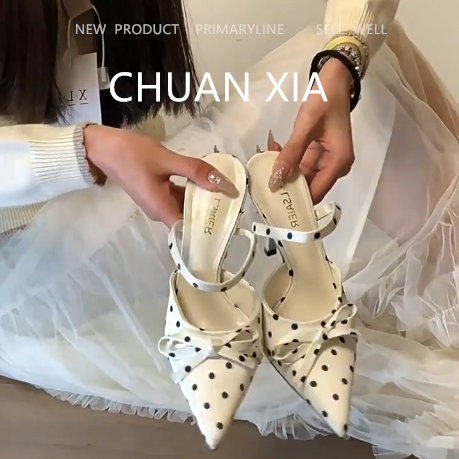 羊皮版~甜美波点包头半拖鞋女真皮尖头细跟高跟鞋绝美配裙子单鞋,女鞋,浅口单鞋,淘宝优惠券,粉丝福利购,淘宝优惠卷