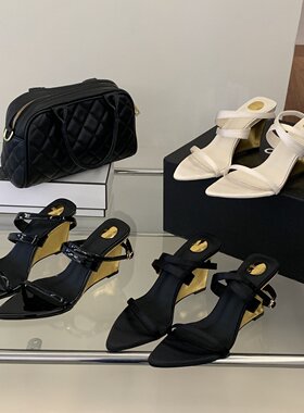 DING XIANG FAN 欧美风一字带凉鞋女尖头搭扣低跟性感外穿坡跟鞋