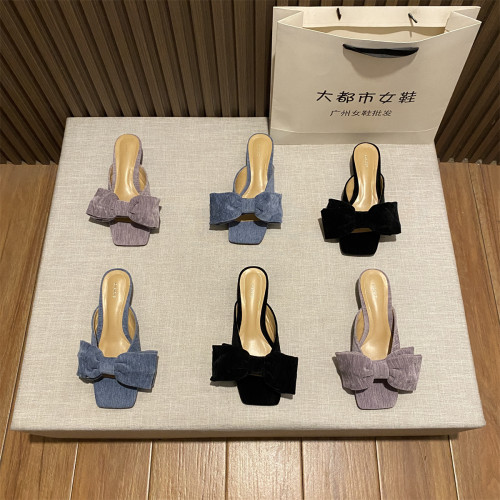法式猫跟绒面蝴蝶结露趾一字拖鞋