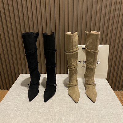 尖头绒面细跟高跟不过膝长筒靴女