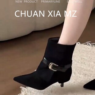 羊皮版!韩版尖头皮带扣短靴女复古风细跟裤管靴性感高跟马丁靴