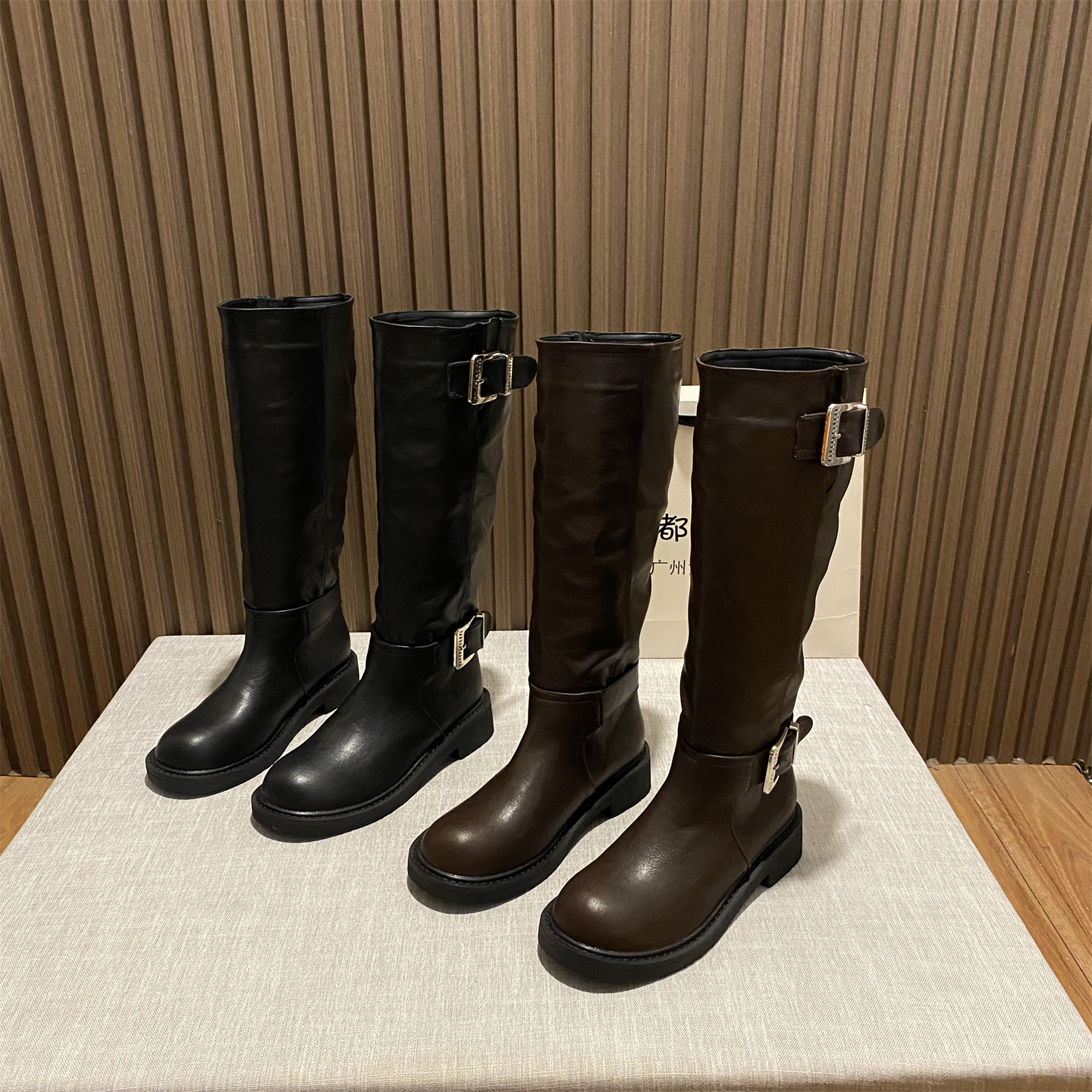 皮带双扣圆头粗跟骑士靴法式复古