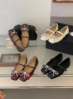 SHIZHUONI 法式温柔风蝴蝶结一字带单鞋女2026新款水钻浅口豆豆鞋
