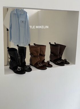TLE MIKELIN 欧美风坡跟露趾罗马凉靴女2026新款百搭皮带扣堆堆靴