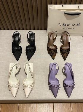 复古尖头紫色性感女鞋法式蝴蝶结高跟鞋缎面2025春夏新款包头凉鞋
