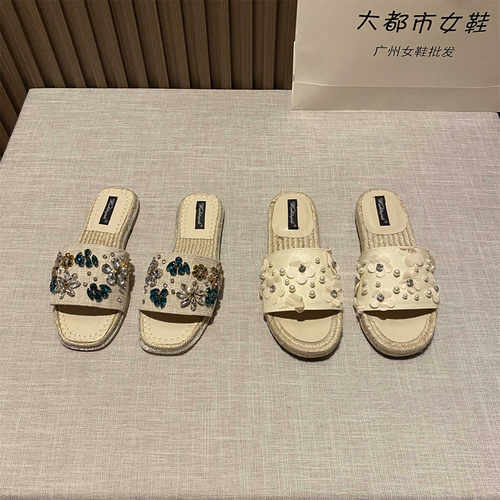 复古小香风渔夫鞋水钻一字凉拖