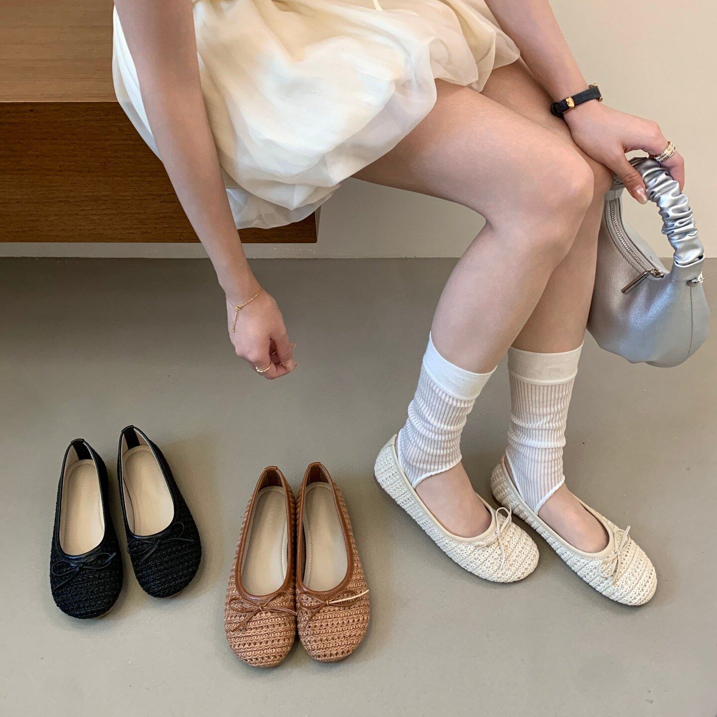 MINA 韩式芭蕾舞鞋女平底圆头浅口单鞋夏蝴蝶结一脚蹬百搭奶奶鞋