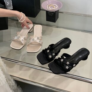 H.Yshoes 2026年夏季新款法式水钻方头露趾凉拖鞋女气质粗跟拖鞋