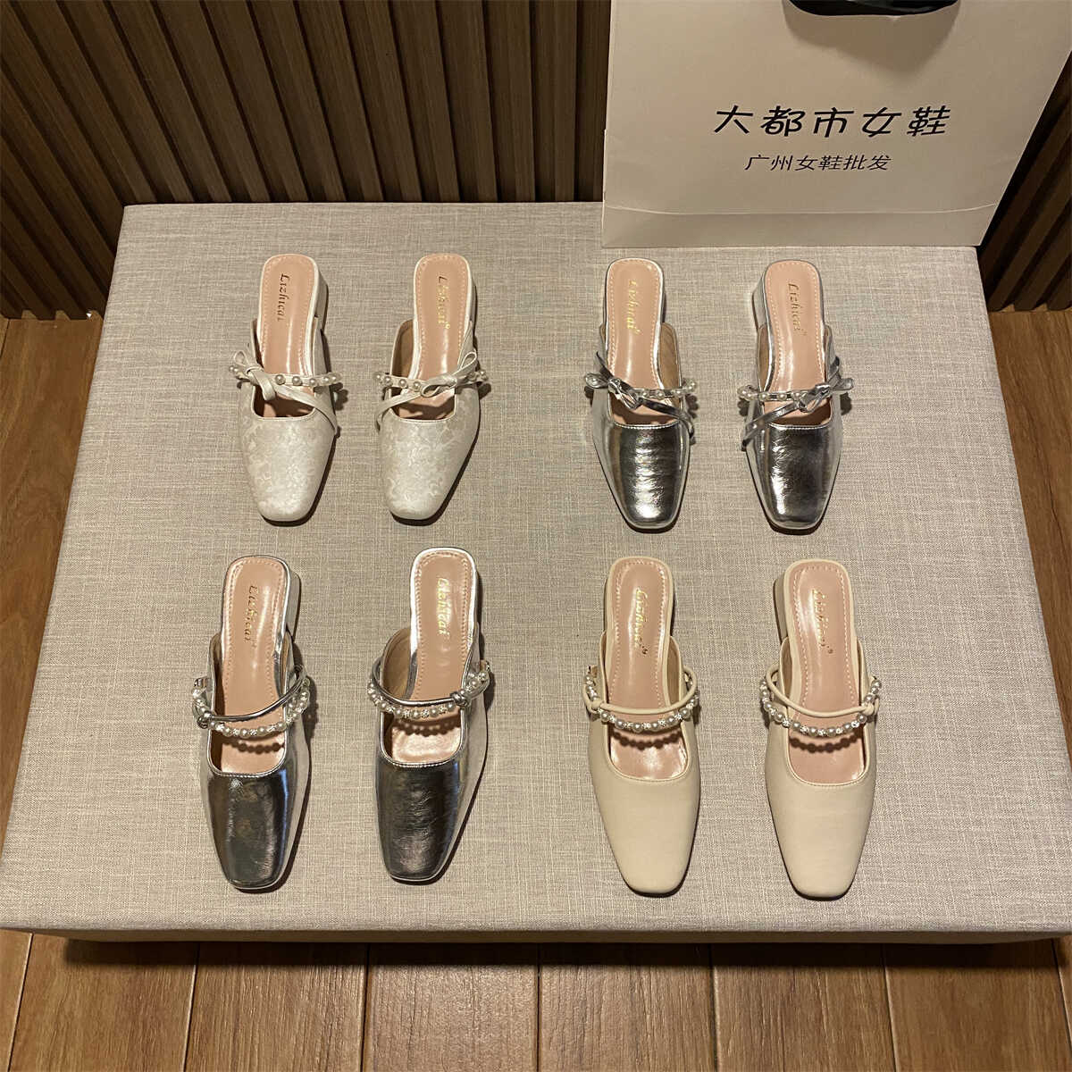 配裙子粗跟蝴蝶结包头半拖鞋凉拖