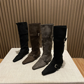2025秋冬新款 复古方头粗跟长靴女不过膝中筒靴骑士靴皮带扣西部靴