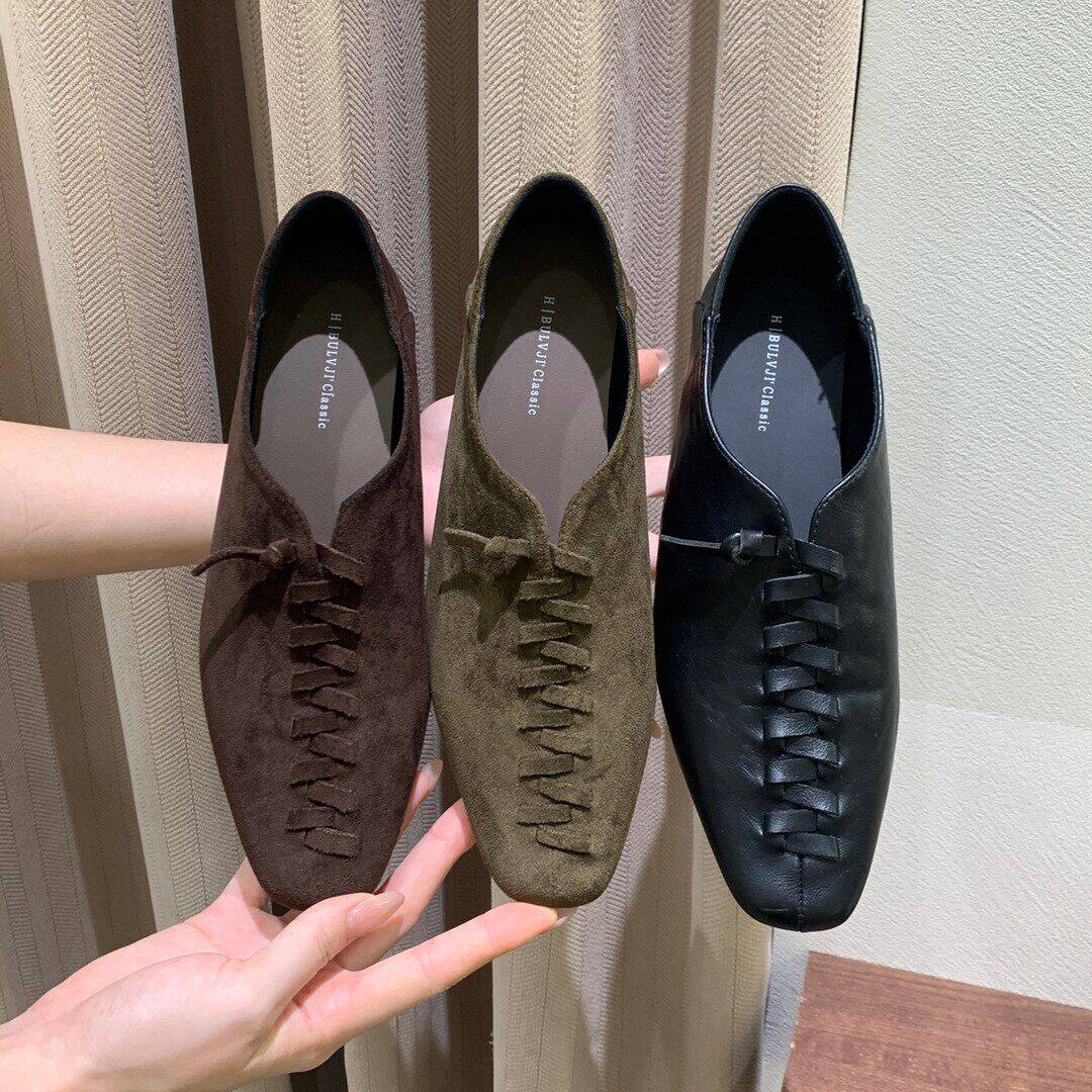 BULVJI 复古风编织系带单鞋女真皮方头内增高一脚蹬通勤小皮鞋女