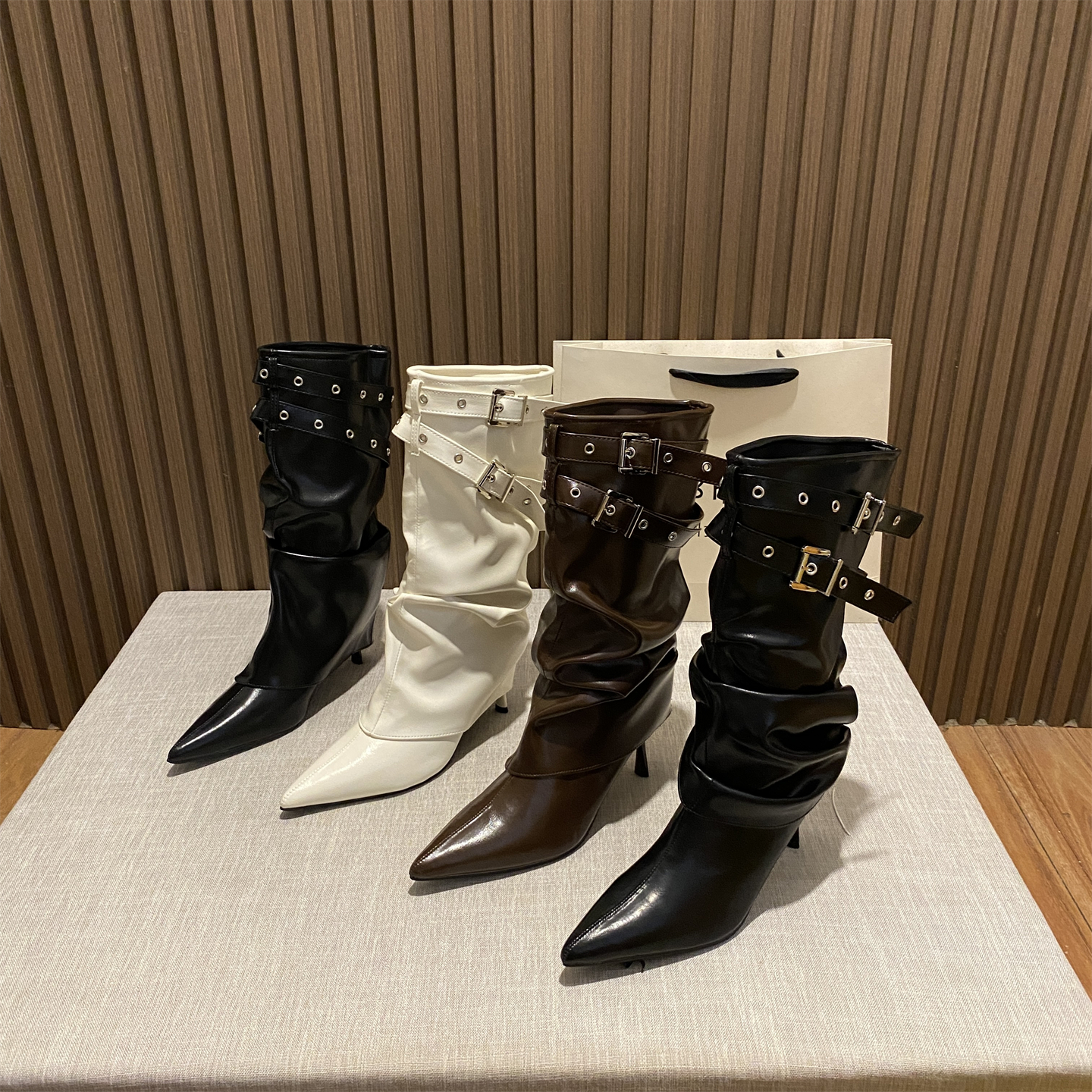 复古尖头细跟铆钉高筒靴裤管靴女