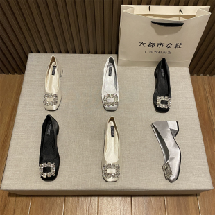 新款 水钻扣气质软底瓢鞋 法式 女仙女鞋 绸缎面方头粗跟单鞋 2025春季