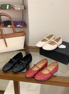 SHIZHUONI 法式小香风菱格纹玛丽珍鞋女2026新款一字扣气质豆豆鞋