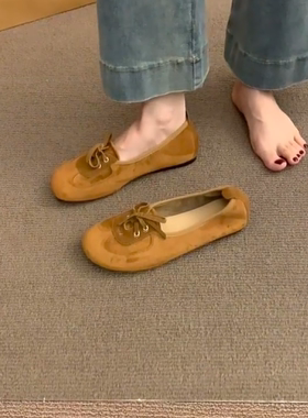 羊皮版~慵懒风圆头浅口单鞋女一脚蹬平底豆豆鞋气质绒面玛丽珍鞋