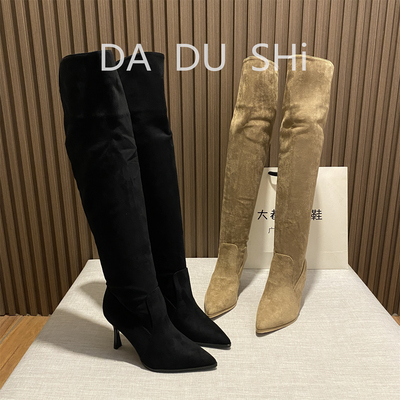 英伦风尖头粗跟过膝长筒靴女